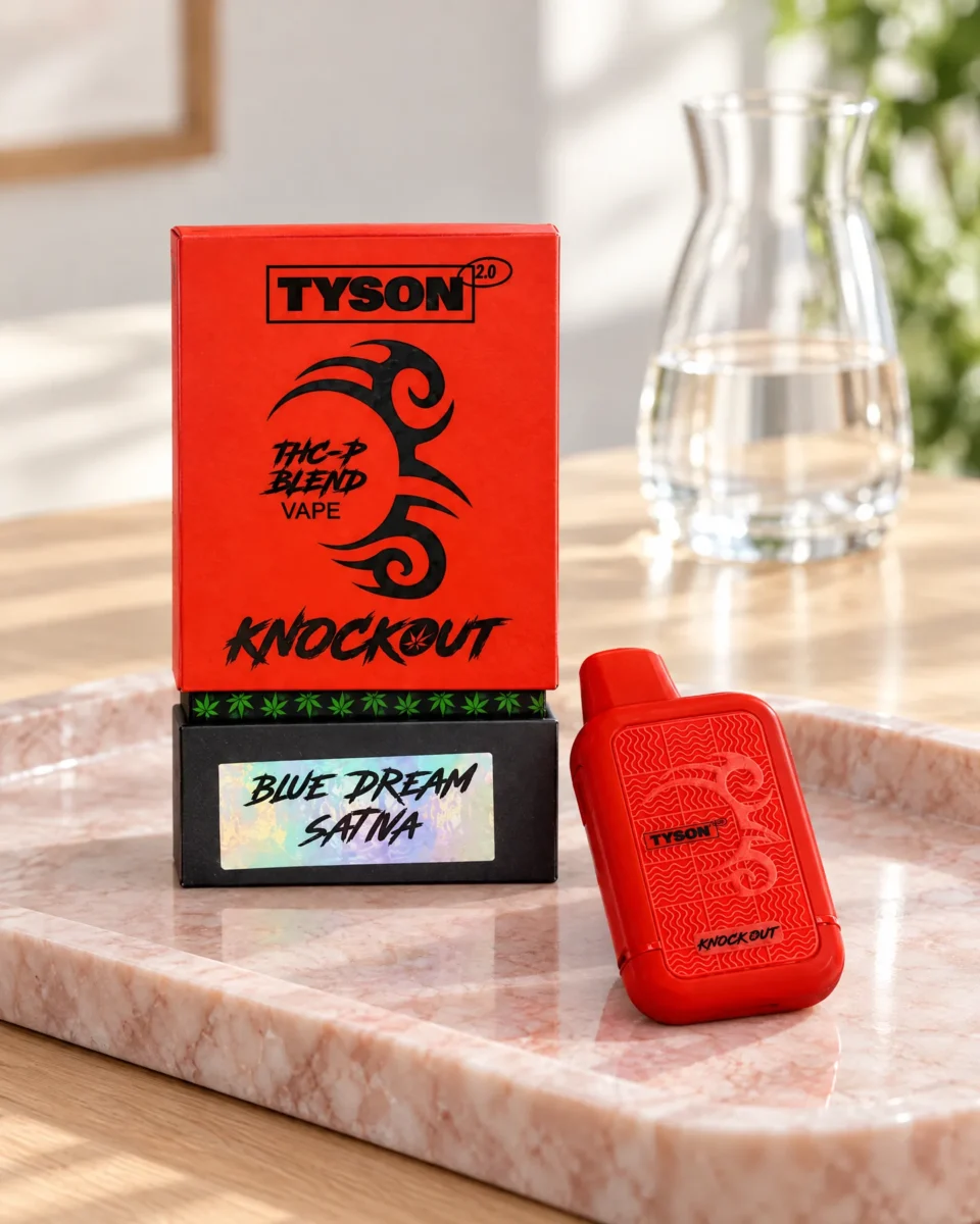 Blue Dream di Tyson, confezione e dispositivo su un vassoio in marmo rosa