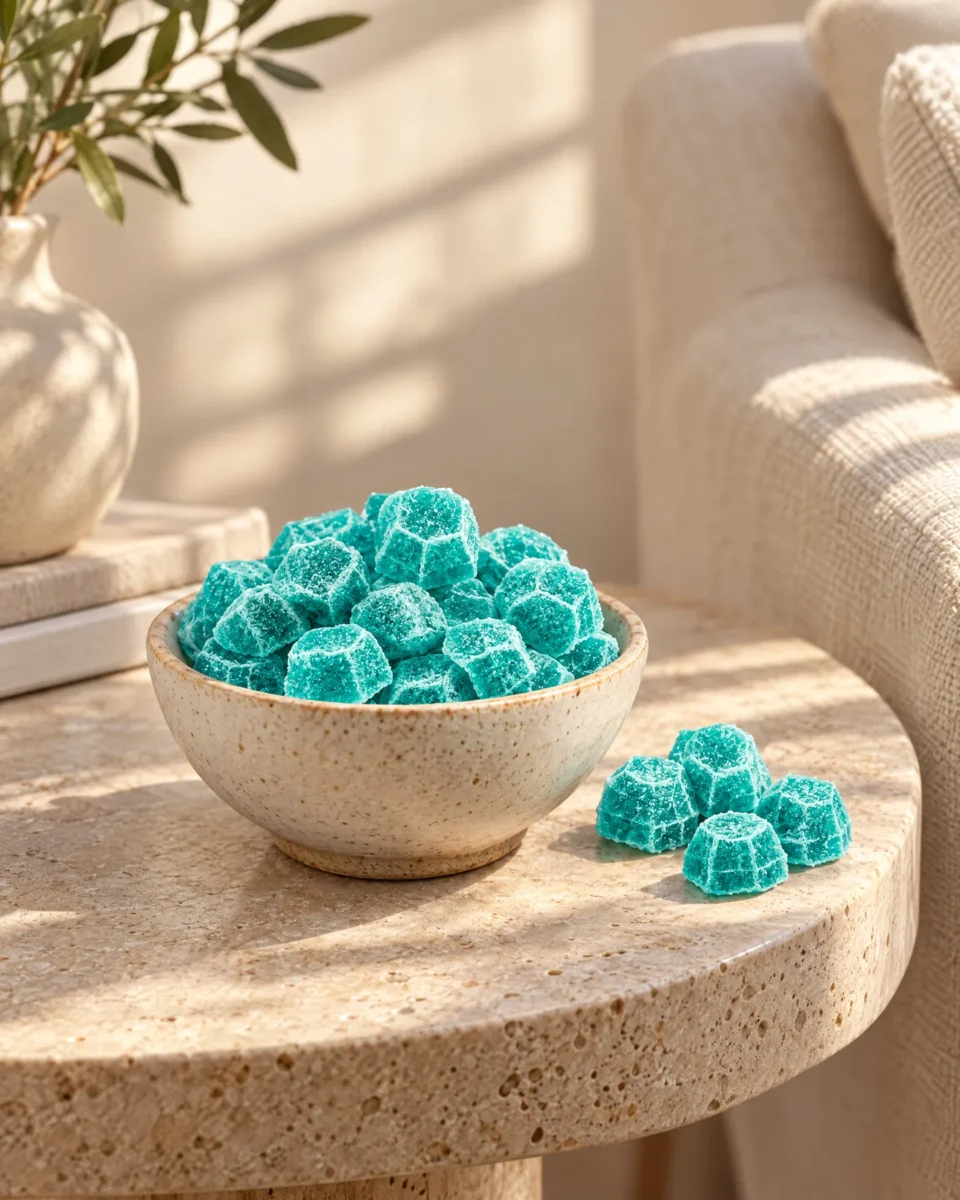 Caramelle gommose Blue Mango su un tavolino in travertino