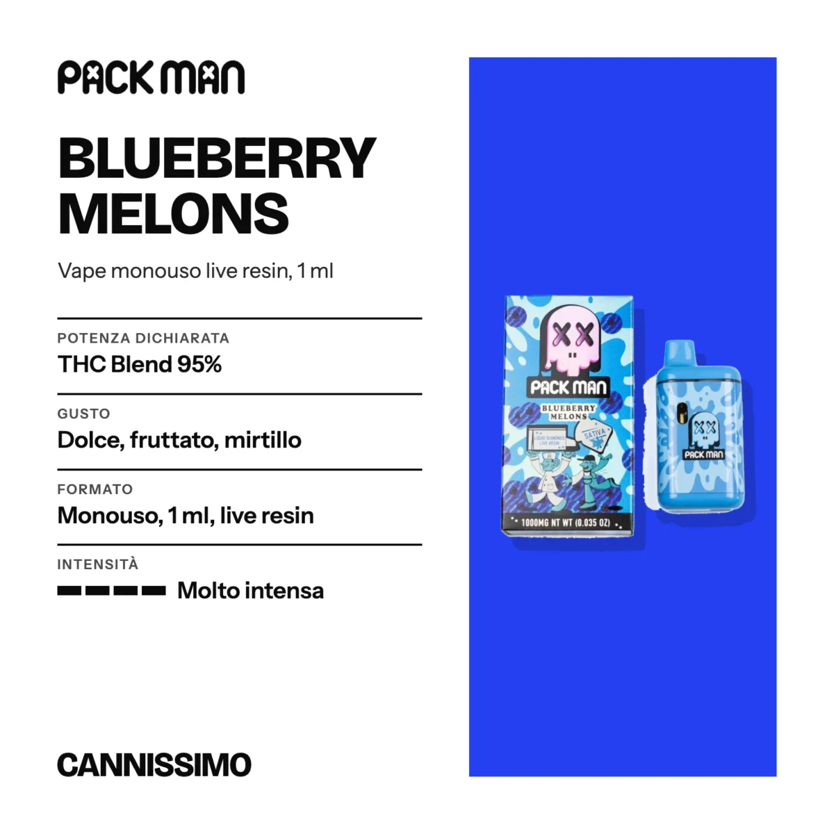 Scheda di Blueberry Melons, Pack Man. Potenza dichiarata THC Blend 95%; gusto dolce, fruttato, mirtillo; formato monouso, 1 ml, live resin; intensità molto intensa.
