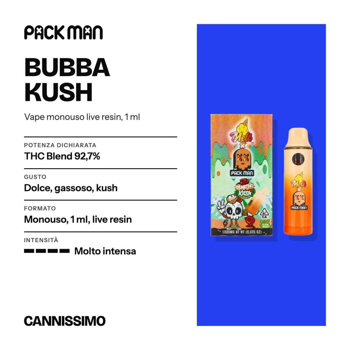 Scheda di Bubba Kush, Pack Man. Potenza dichiarata THC Blend 92,7%; gusto dolce, gassoso, kush; formato monouso, 1 ml, live resin; intensità molto intensa.