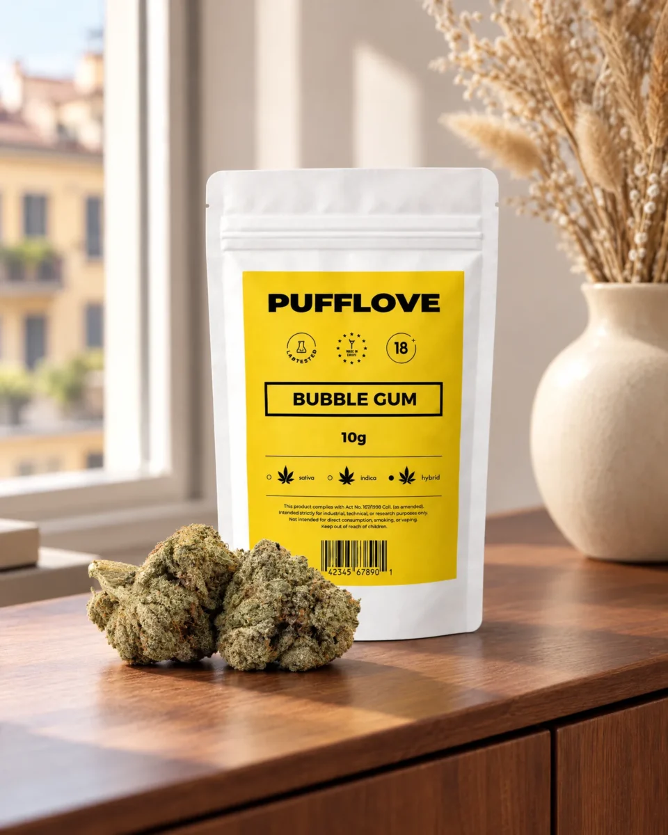 Bubble Gum, busta PUFFLOVE con le infiorescenze su una credenza in noce