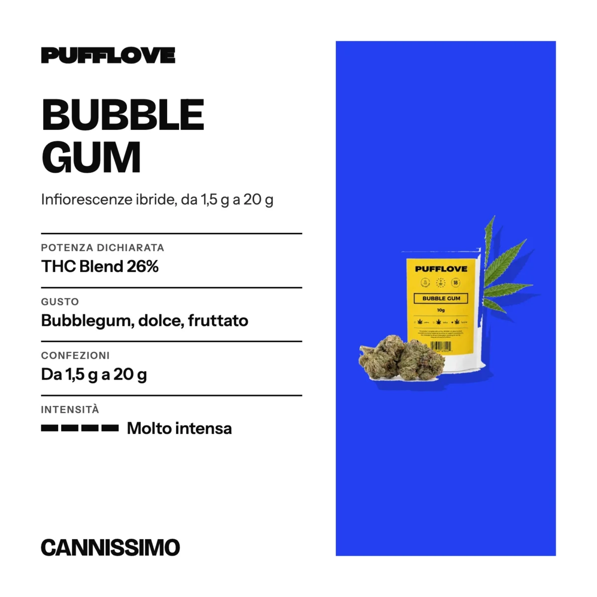 Scheda di Bubble Gum, PUFFLOVE. Potenza dichiarata THC Blend 26%; gusto bubblegum, dolce, fruttato; confezioni da 1,5 g a 20 g; intensità molto intensa.