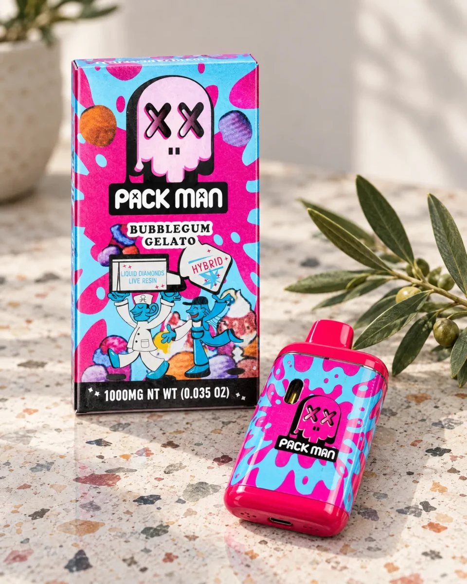 Bubblegum Gelato di Pack Man, confezione e dispositivo su un tavolo in graniglia
