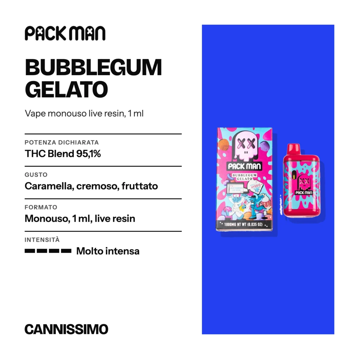 Scheda di Bubblegum Gelato, Pack Man. Potenza dichiarata THC Blend 95,1%; gusto caramella, cremoso, fruttato; formato monouso, 1 ml, live resin; intensità molto intensa.