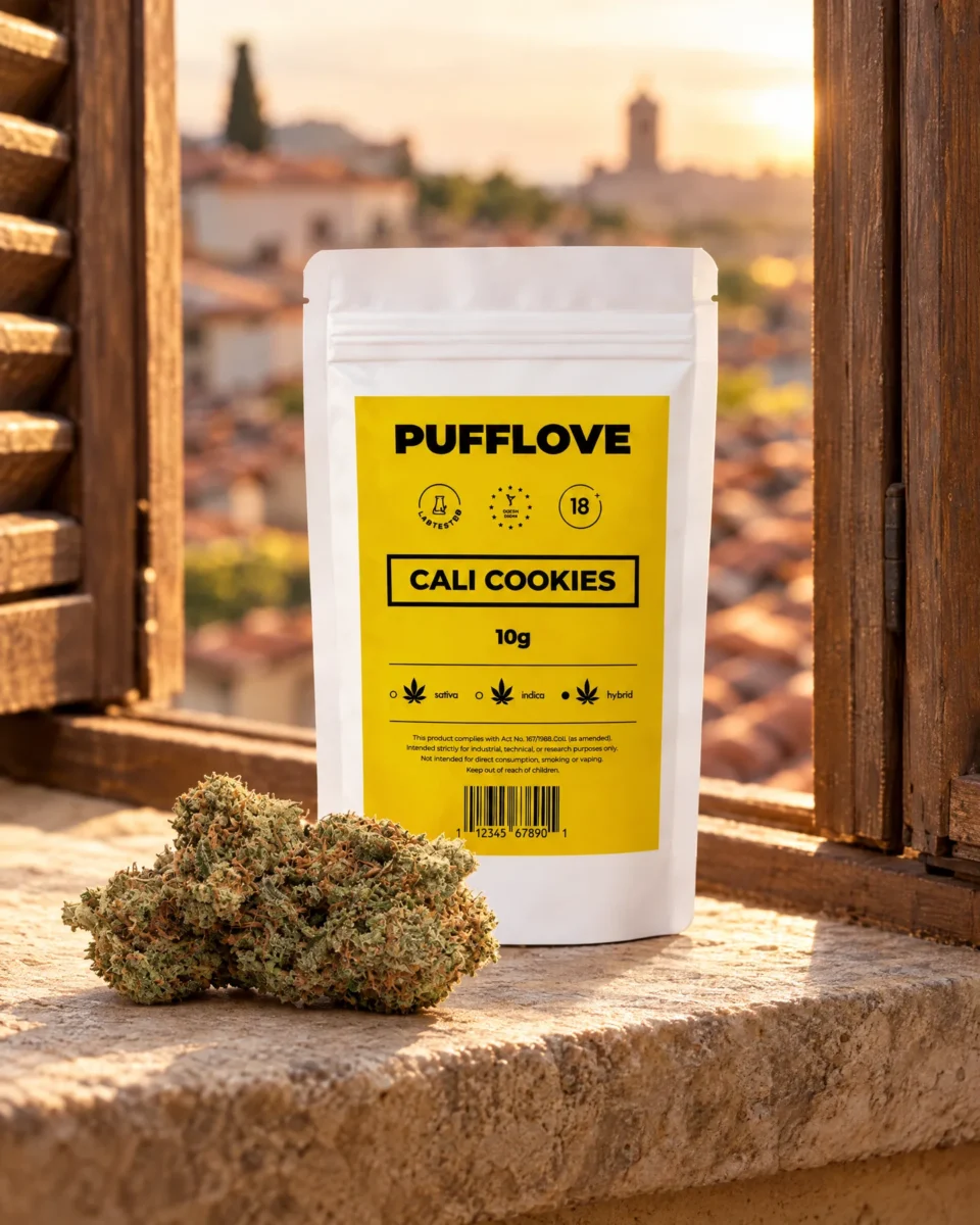 Cali Cookies, busta PUFFLOVE con le infiorescenze su un davanzale in pietra