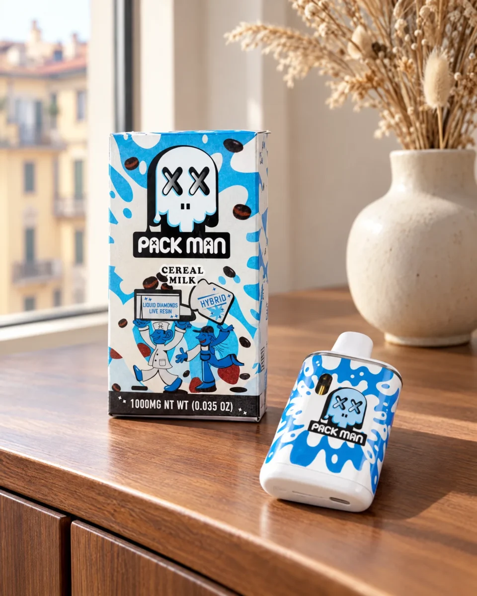 Cereal Milk di Pack Man, confezione e dispositivo su una credenza in noce