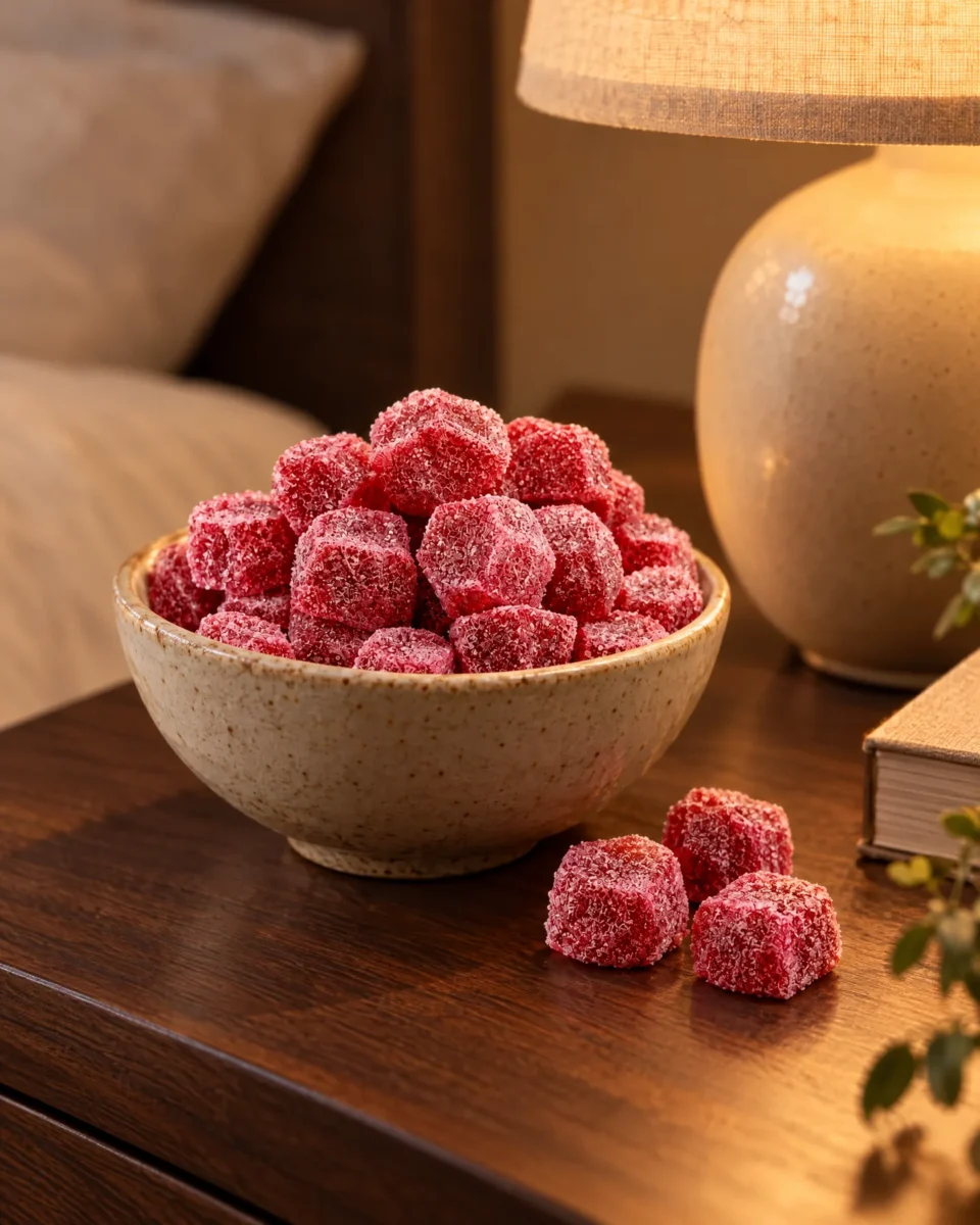 Caramelle gommose Cherry Blaze su un comodino in noce