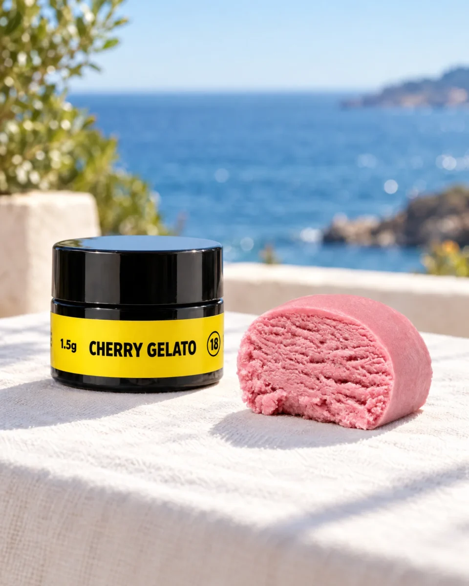 Cherry Gelato Hash, barattolo PUFFLOVE con l'hash su una terrazza sul mare