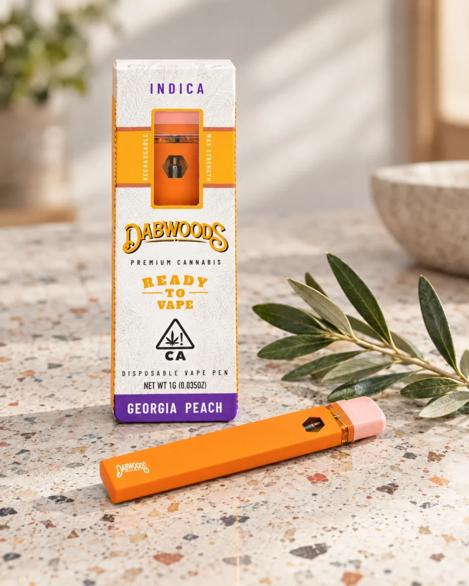 Georgia Peach di Dabwoods, confezione e dispositivo su un tavolo in graniglia