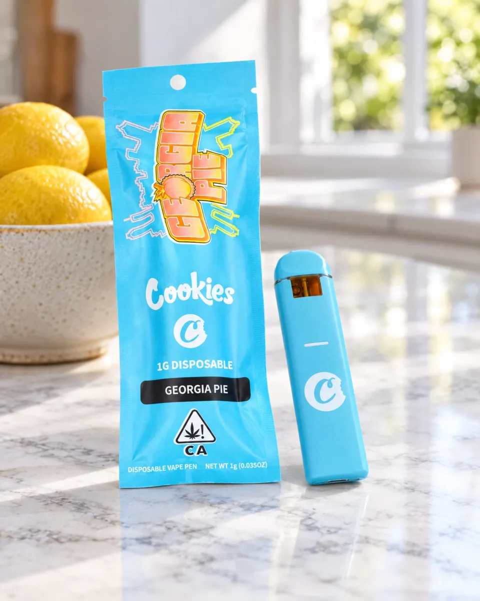 Georgia Pie di Cookies, confezione e dispositivo sul piano in marmo di una cucina