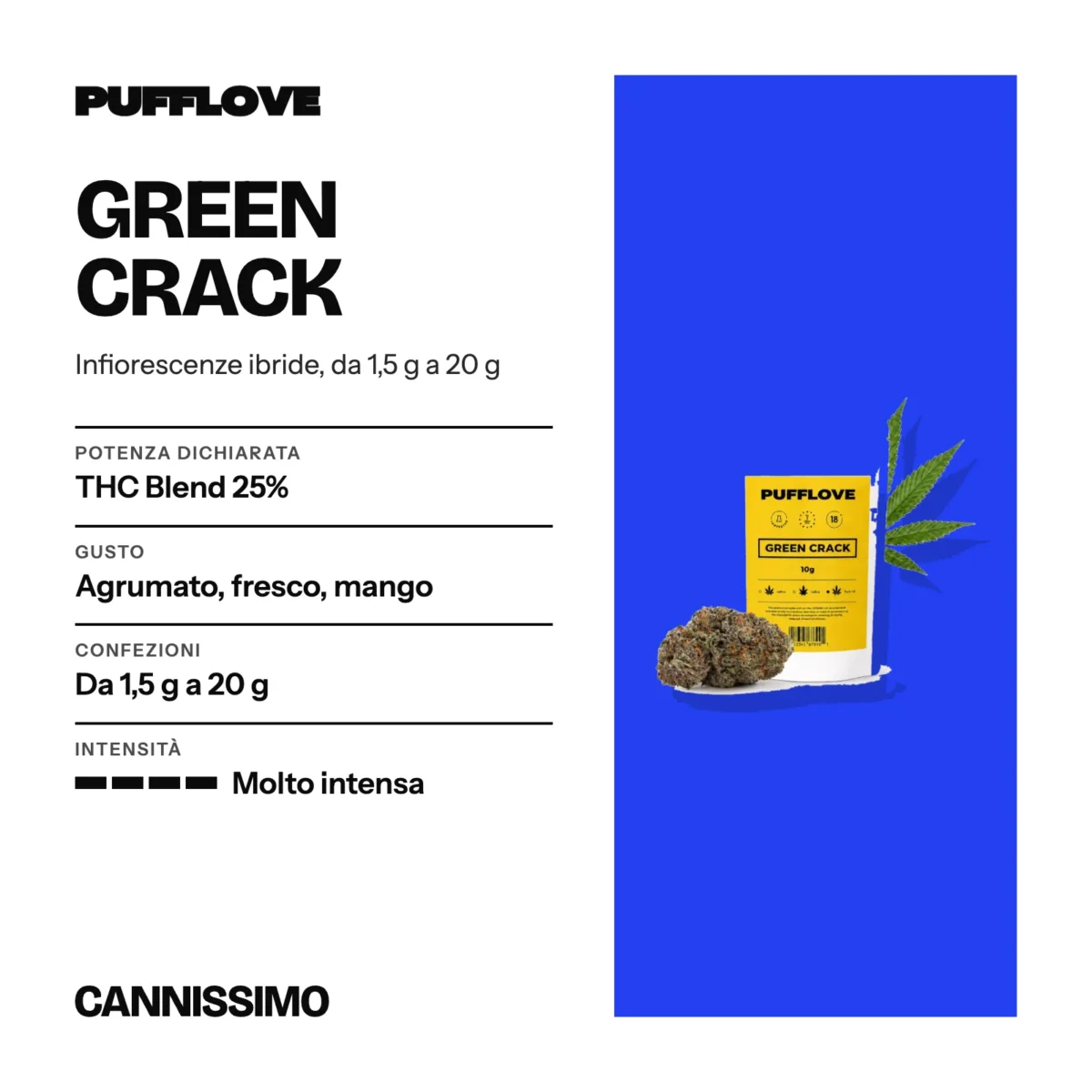 Scheda di Green Crack, PUFFLOVE. Potenza dichiarata THC Blend 25%; gusto agrumato, fresco, mango; confezioni da 1,5 g a 20 g; intensità molto intensa.