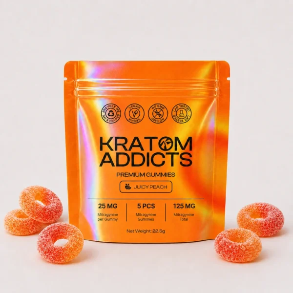 Juicy Peach Gummies di Kratom Addicts, busta da 5 pezzi da 25 mg