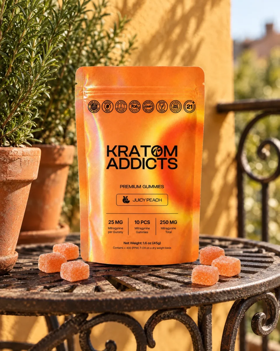 Juicy Peach Gummies di Kratom Addicts, la busta e le caramelle su un tavolino da balcone
