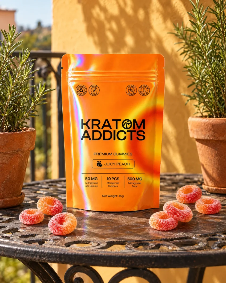 Juicy Peach Gummies di Kratom Addicts, la busta e le caramelle su un tavolino da balcone