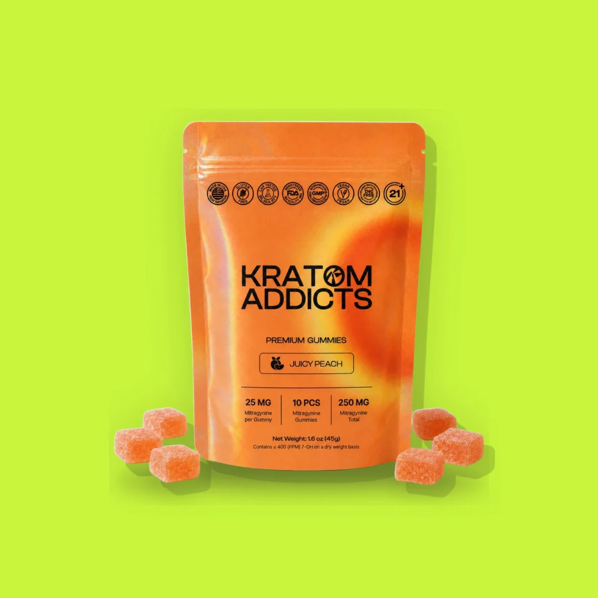 Juicy Peach Gummies di Smart Addicts, la confezione su fondo lime