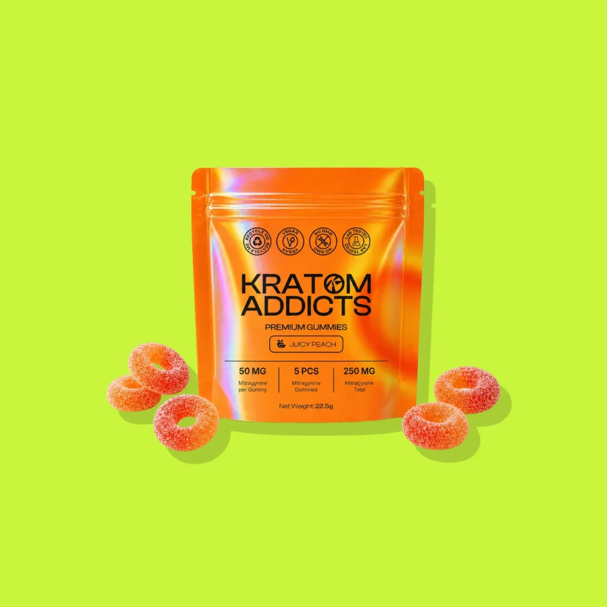 Juicy Peach Gummies di Smart Addicts, la confezione su fondo lime