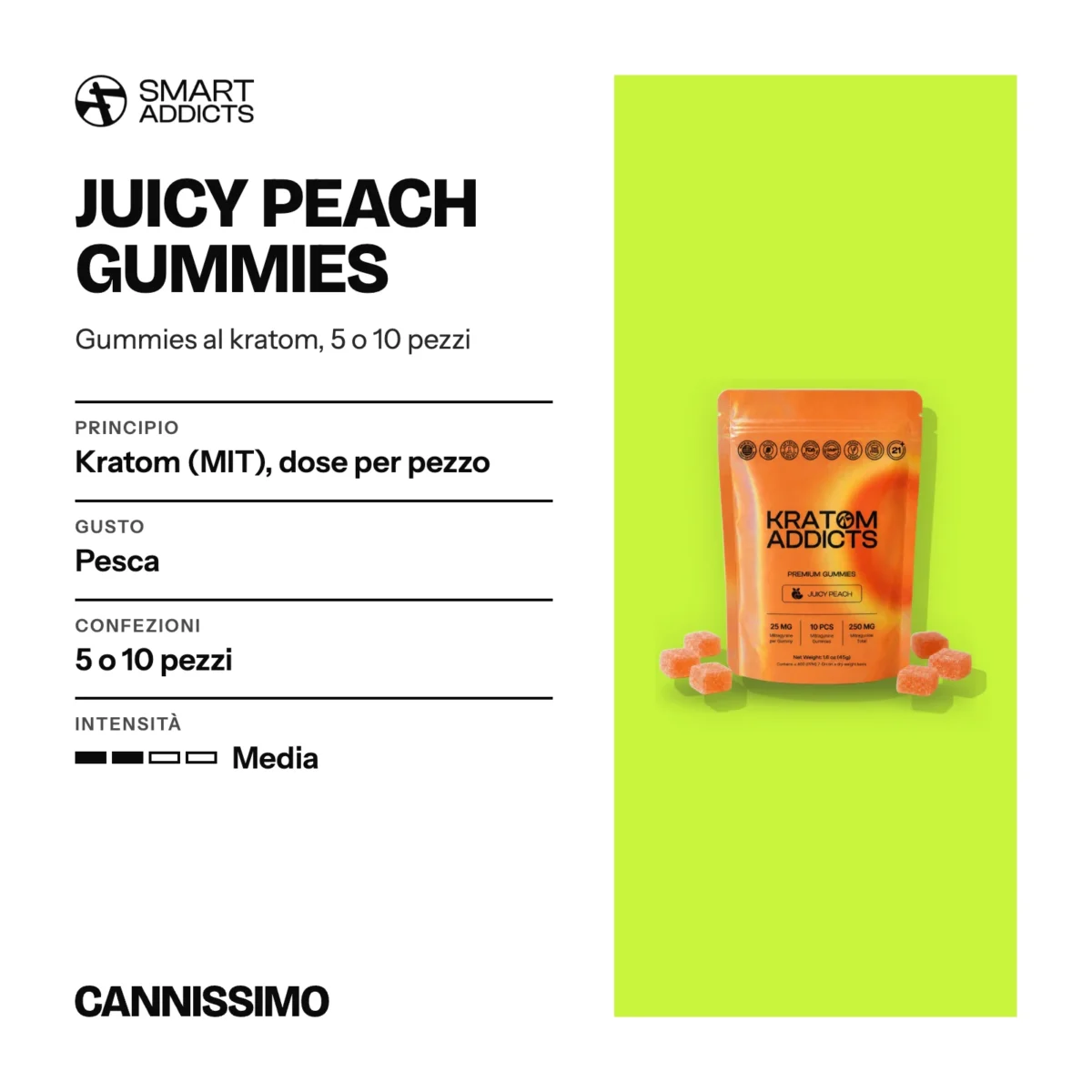 Scheda di Juicy Peach Gummies, Smart Addicts. Principio kratom (MIT), dose per pezzo; gusto pesca; confezioni 5 o 10 pezzi; intensità media.