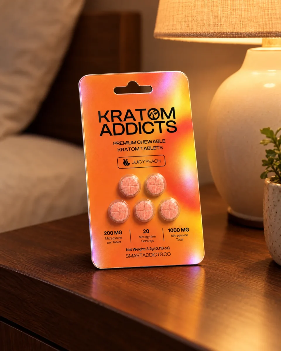 Juicy Peach Tabs di Kratom Addicts, il blister su un comodino in noce