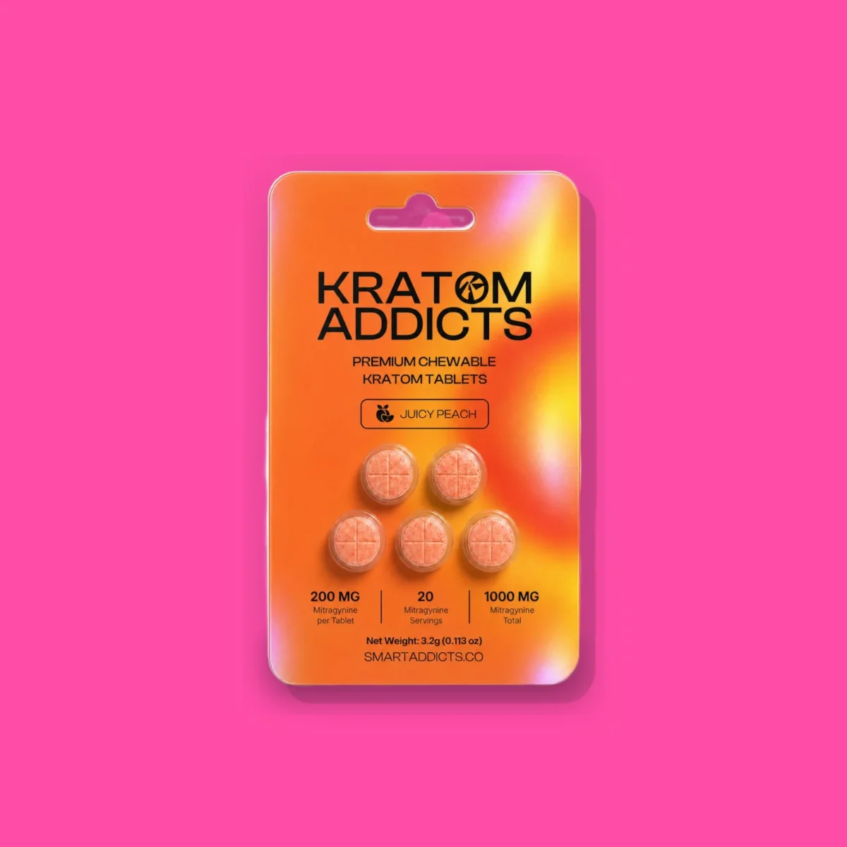 Juicy Peach Tabs di Smart Addicts, la confezione su fondo fucsia