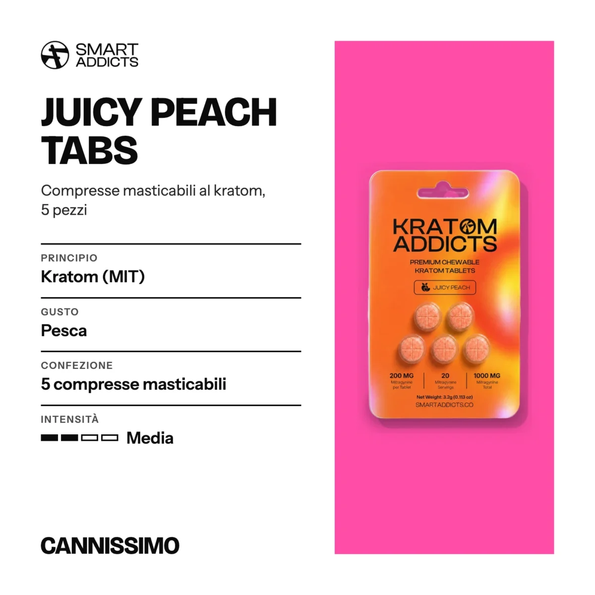 Scheda di Juicy Peach Tabs, Smart Addicts. Principio kratom (MIT); gusto pesca; confezione 5 compresse masticabili; intensità media.