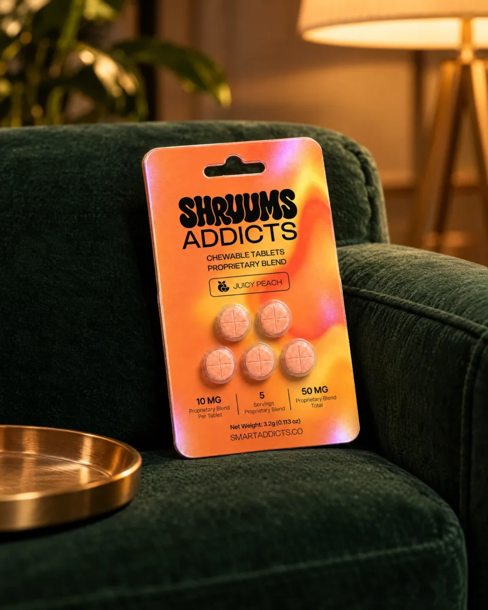 Juicy Peach Tabs di Shruums Addicts, il blister sul bracciolo di un divano in velluto