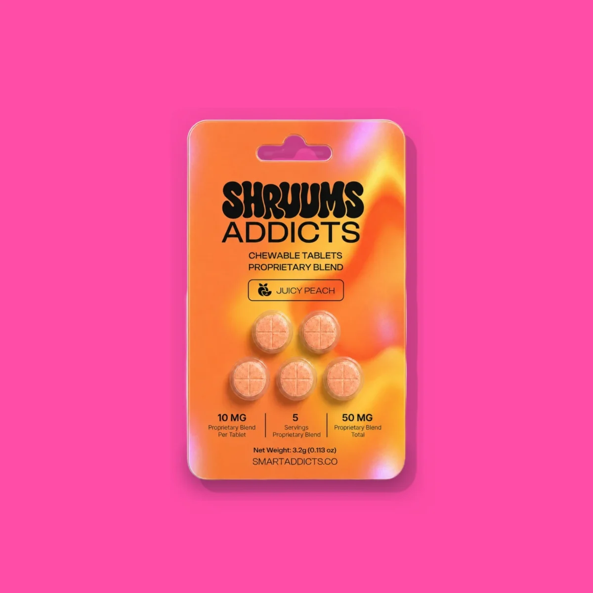 Juicy Peach Tabs di Smart Addicts, la confezione su fondo fucsia