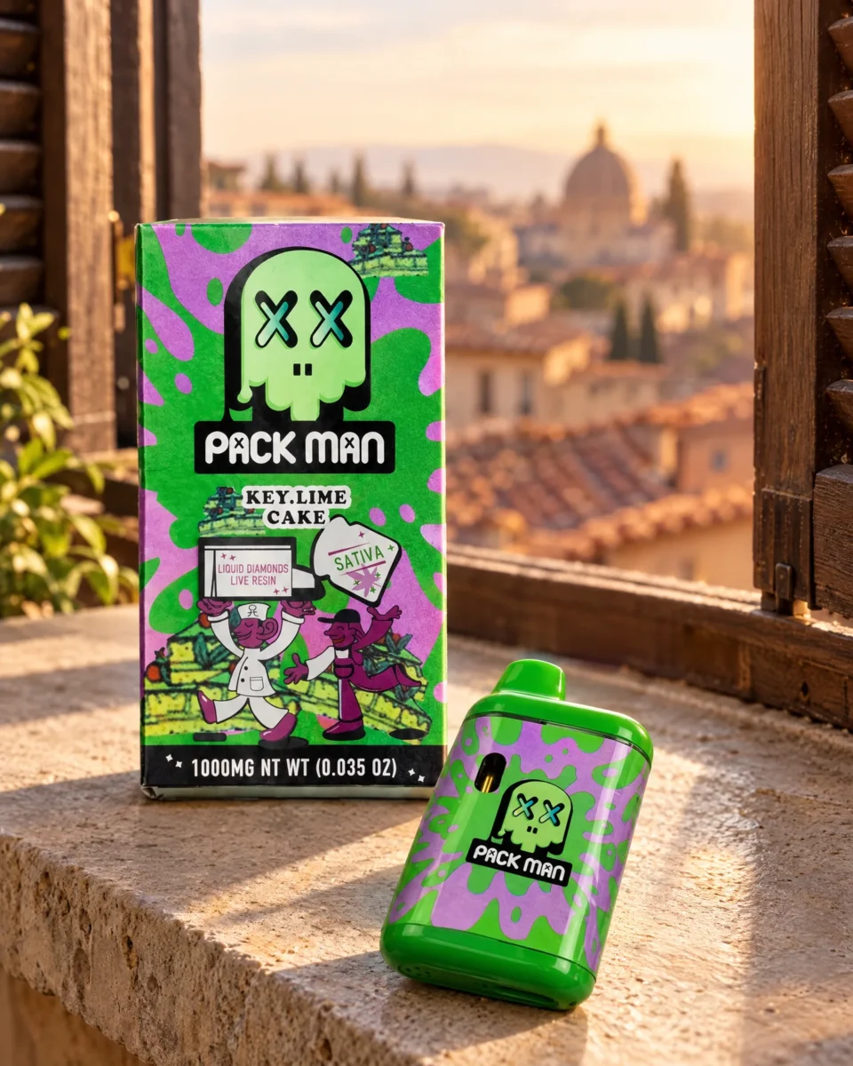 Key Lime Cake di Pack Man, confezione e dispositivo su un davanzale in pietra