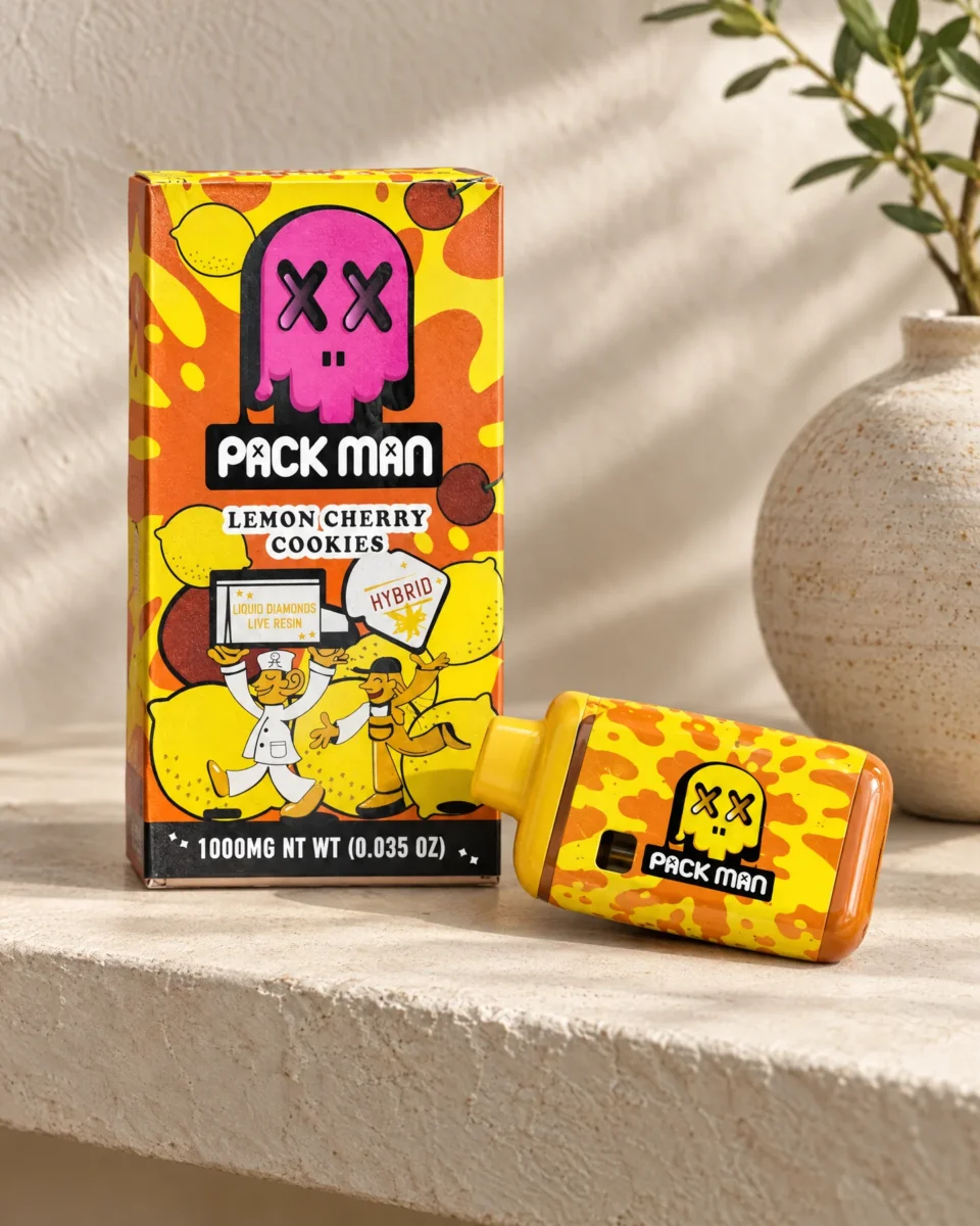 Lemon Cherry Cookies di Pack Man, confezione e dispositivo su una mensola in calce