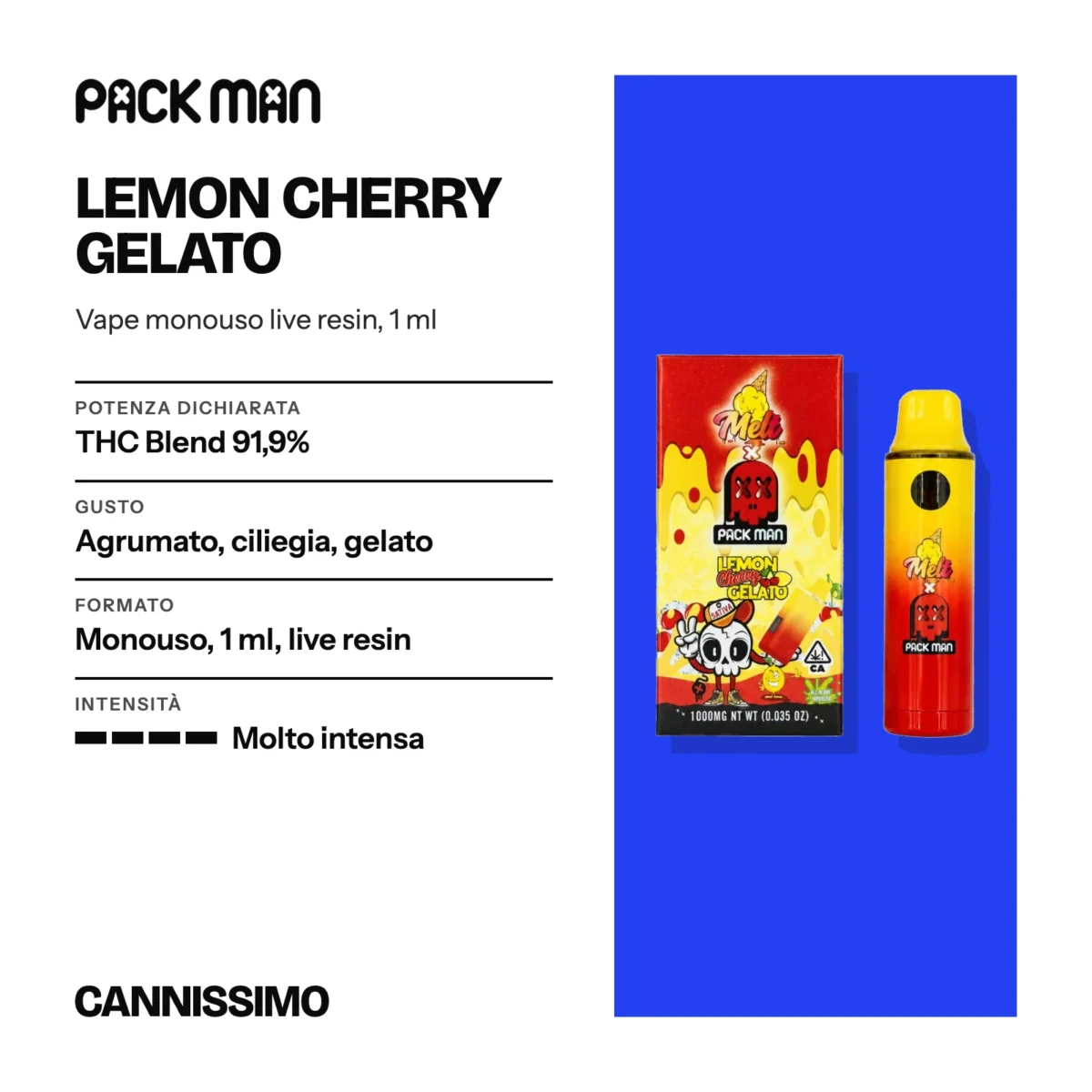 Scheda di Lemon Cherry Gelato, Pack Man. Potenza dichiarata THC Blend 91,9%; gusto agrumato, ciliegia, gelato; formato monouso, 1 ml, live resin; intensità molto intensa.