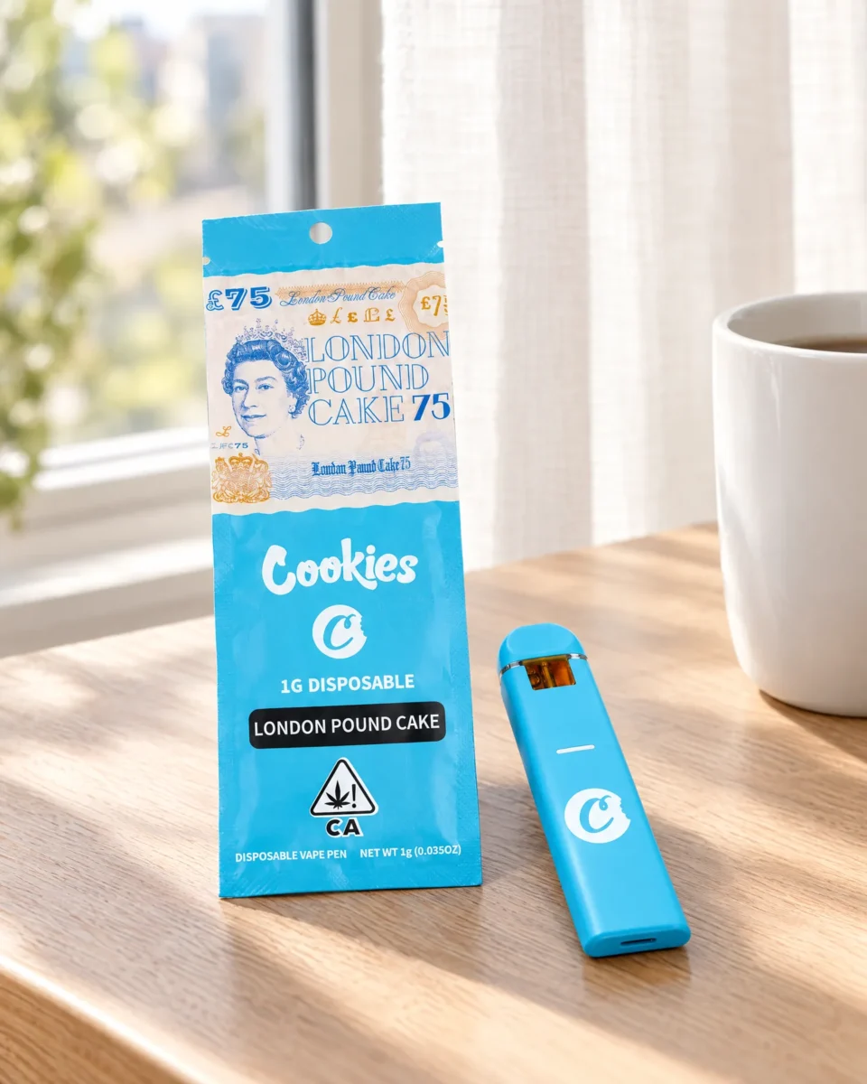 London Pound Cake di Cookies, confezione e dispositivo su una scrivania in rovere