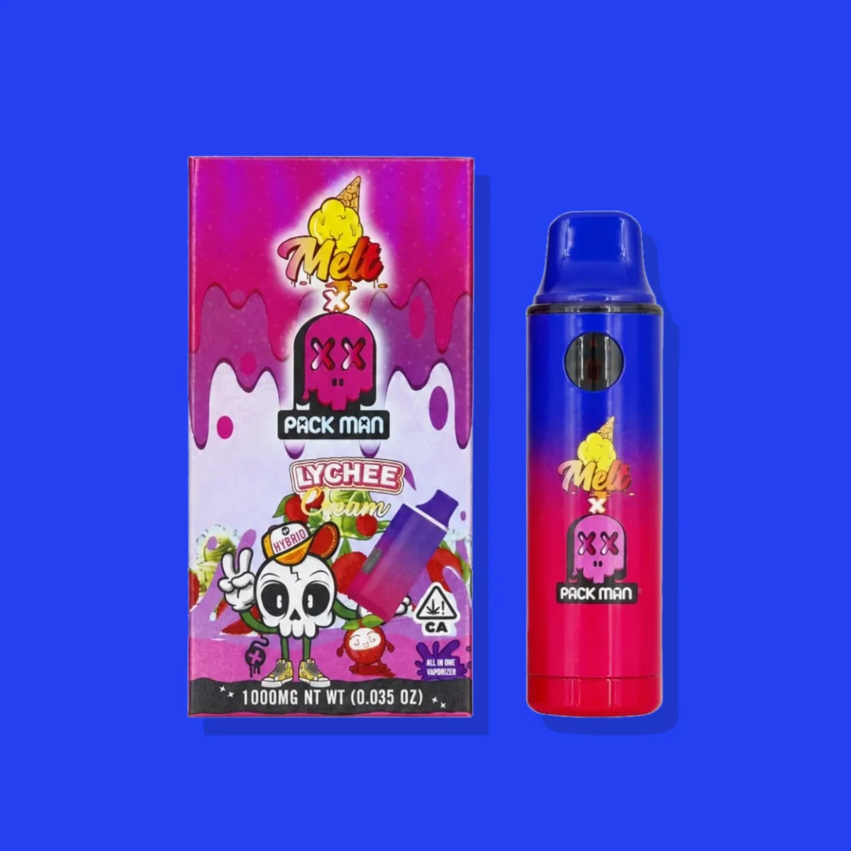 Lychee di Pack Man, la confezione su fondo blu