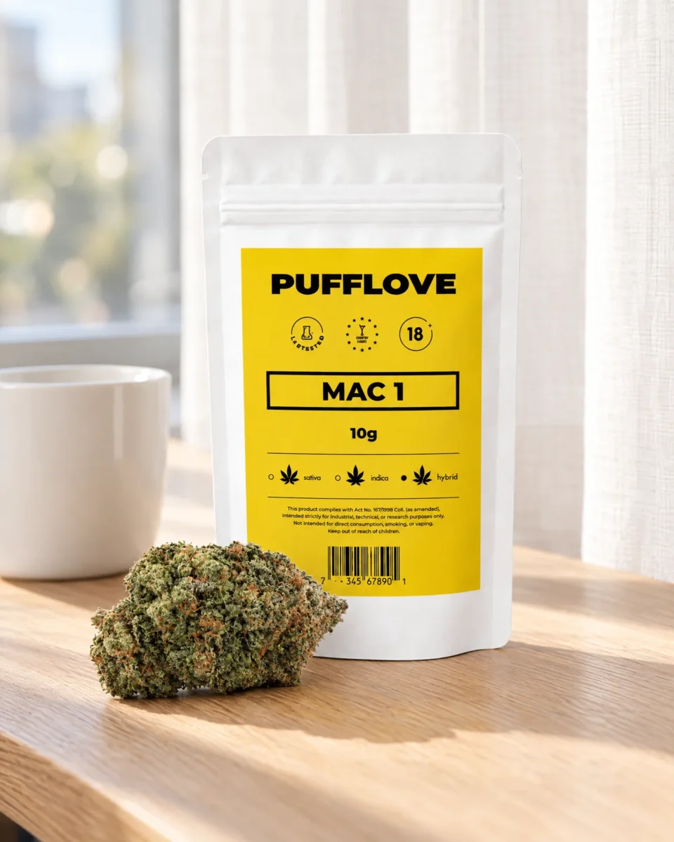Mac 1, busta PUFFLOVE con le infiorescenze su una scrivania in rovere