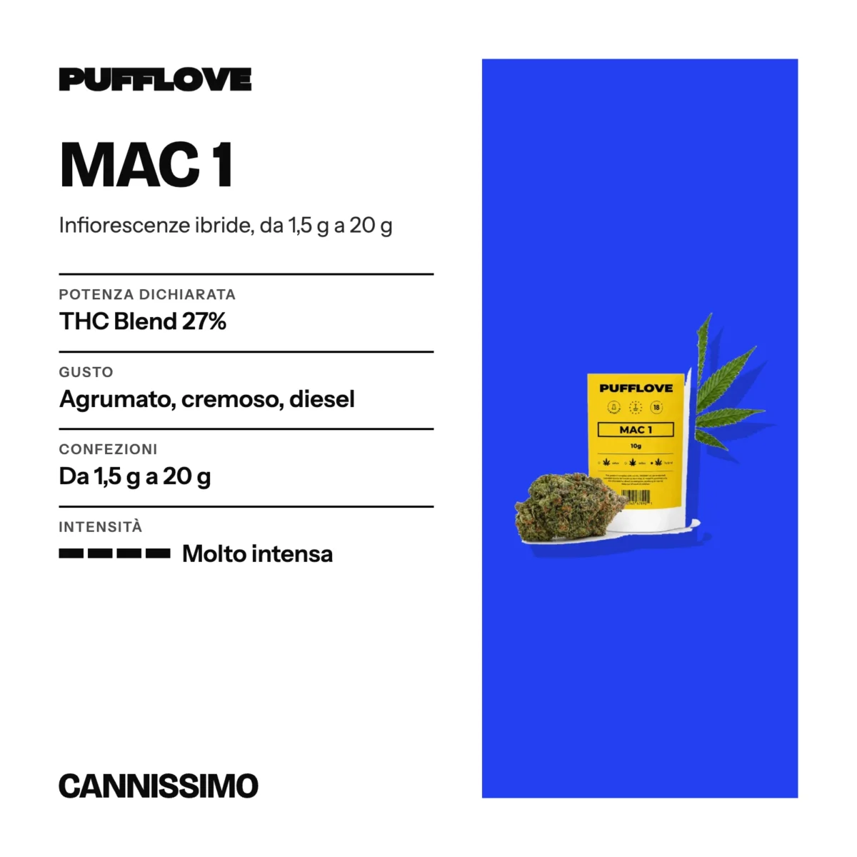 Scheda di Mac 1, PUFFLOVE. Potenza dichiarata THC Blend 27%; gusto agrumato, cremoso, diesel; confezioni da 1,5 g a 20 g; intensità molto intensa.