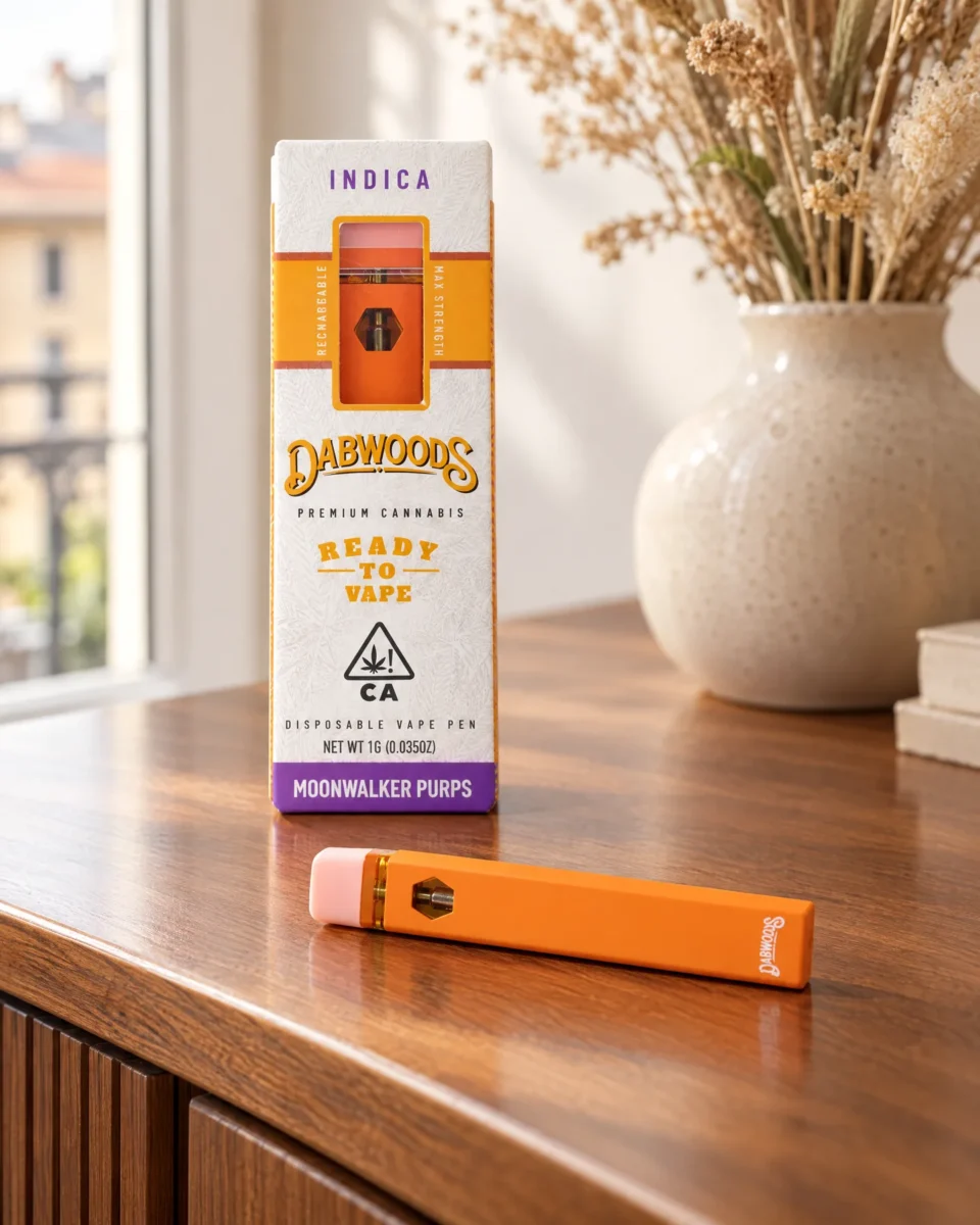 Moonwalker Purps di Dabwoods, confezione e dispositivo su una credenza in noce