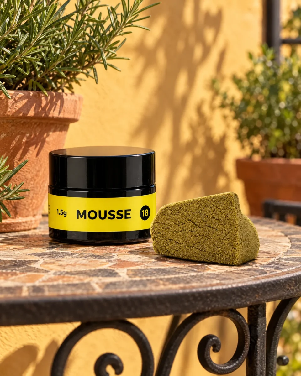 Mousse Hash, barattolo PUFFLOVE con l'hash su un tavolino da balcone