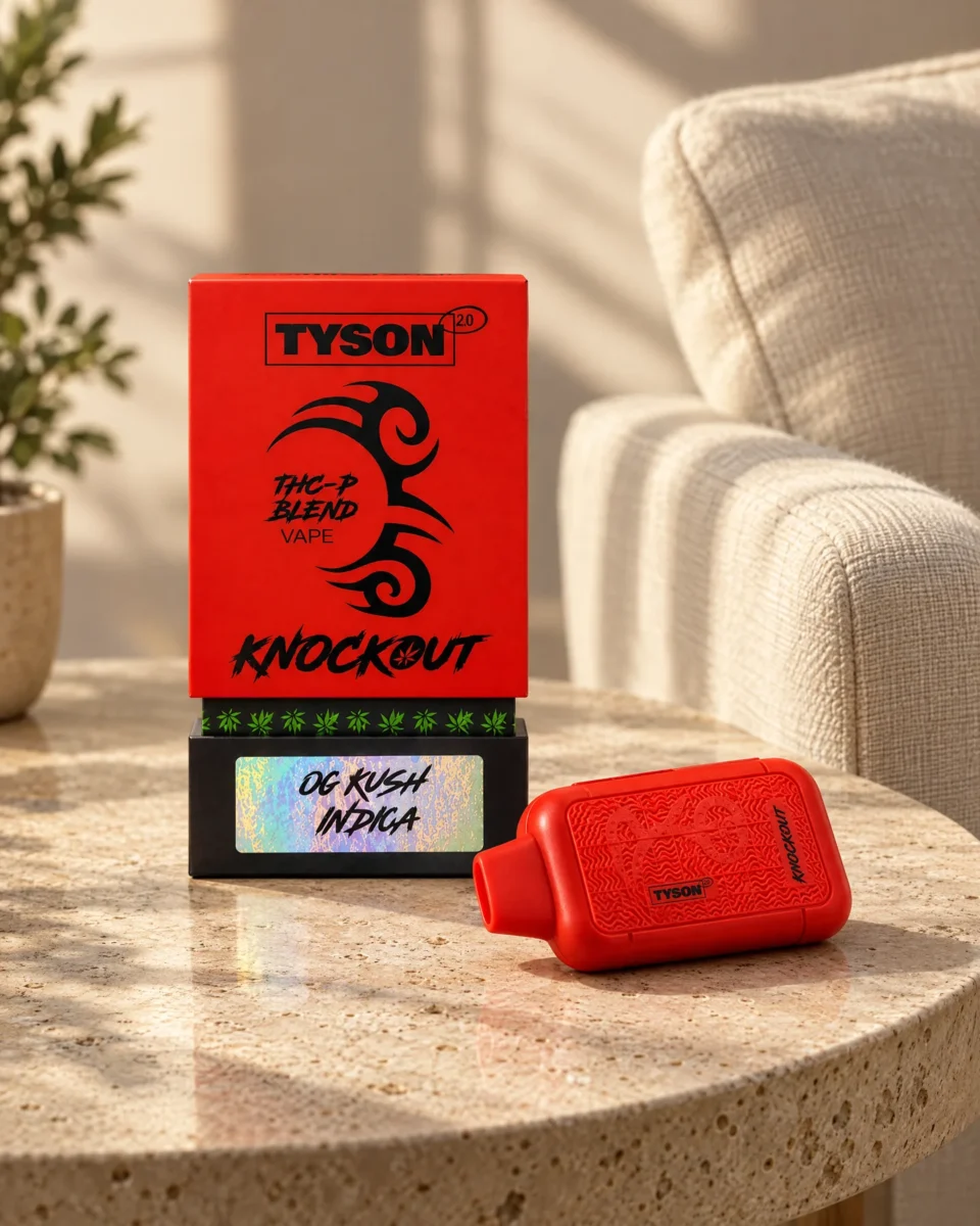 OG Kush di Tyson, confezione e dispositivo su un tavolino in travertino