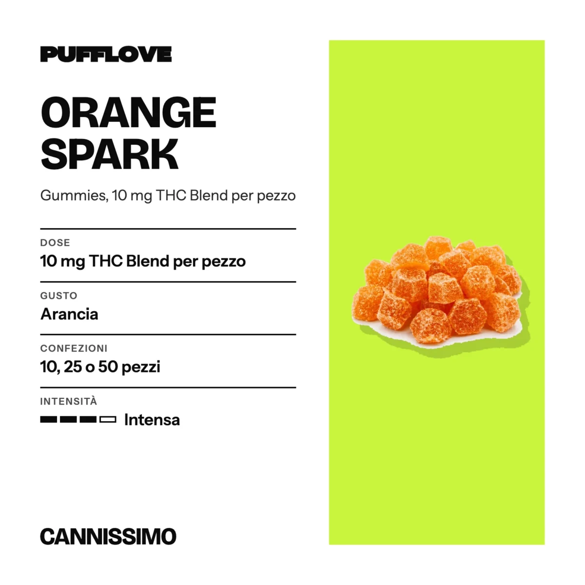 Scheda di Orange Spark, PUFFLOVE. Dose 10 mg THC Blend per pezzo; gusto arancia; confezioni 10, 25 o 50 pezzi; intensità intensa.