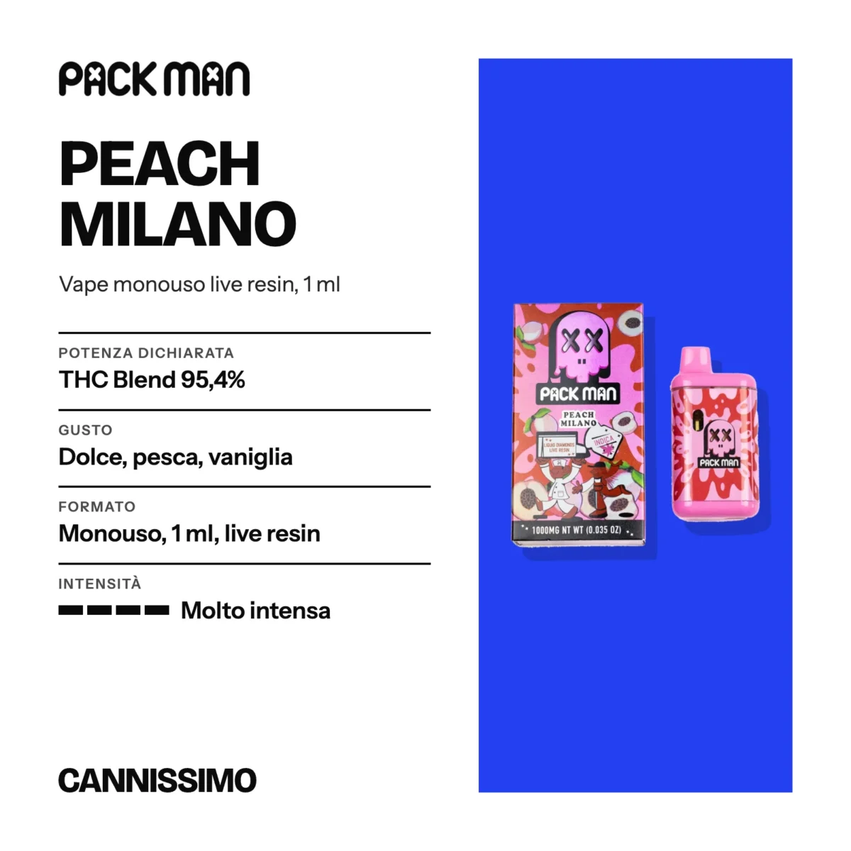 Scheda di Peach Milano, Pack Man. Potenza dichiarata THC Blend 95,4%; gusto dolce, pesca, vaniglia; formato monouso, 1 ml, live resin; intensità molto intensa.