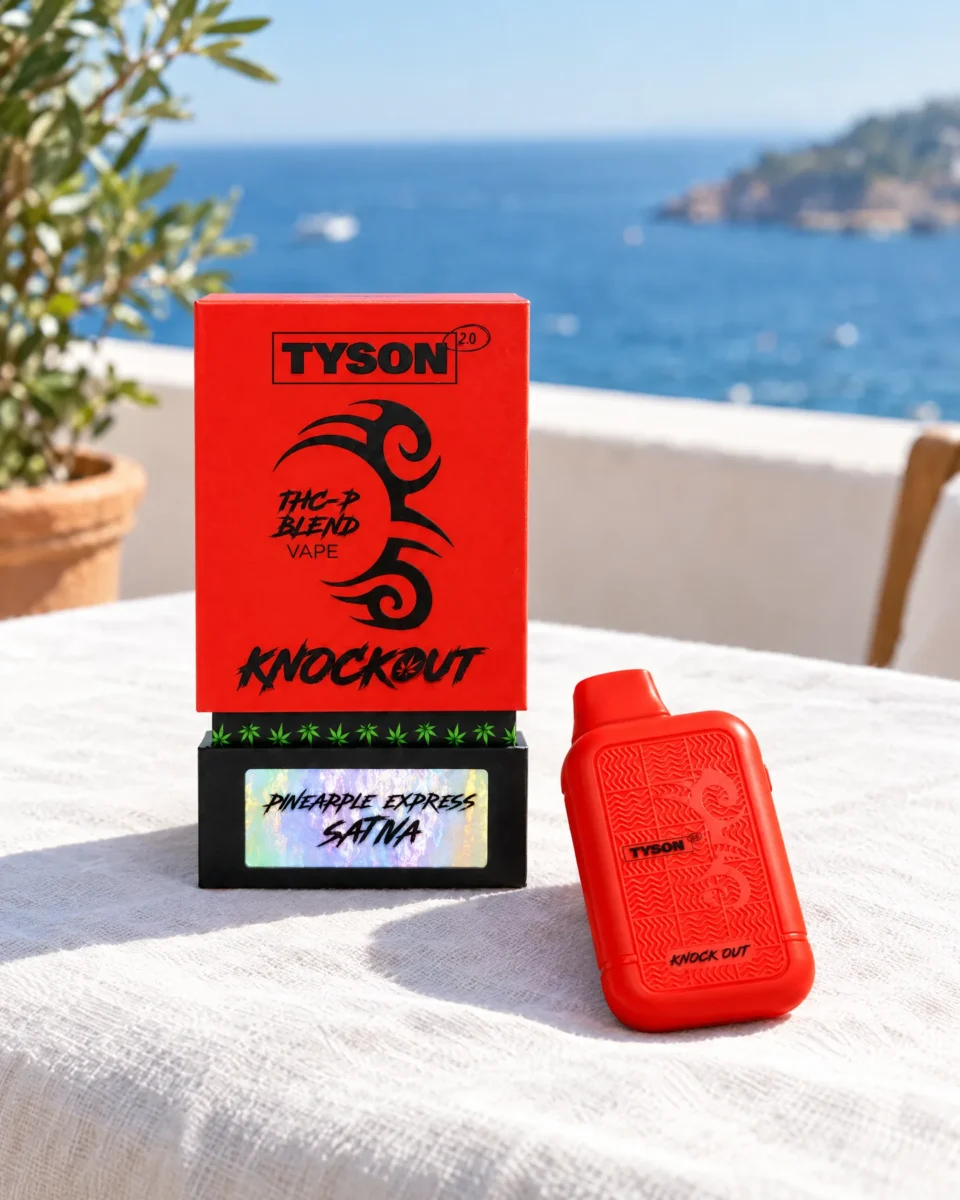 Pineapple Express di Tyson, confezione e dispositivo su una terrazza sul mare