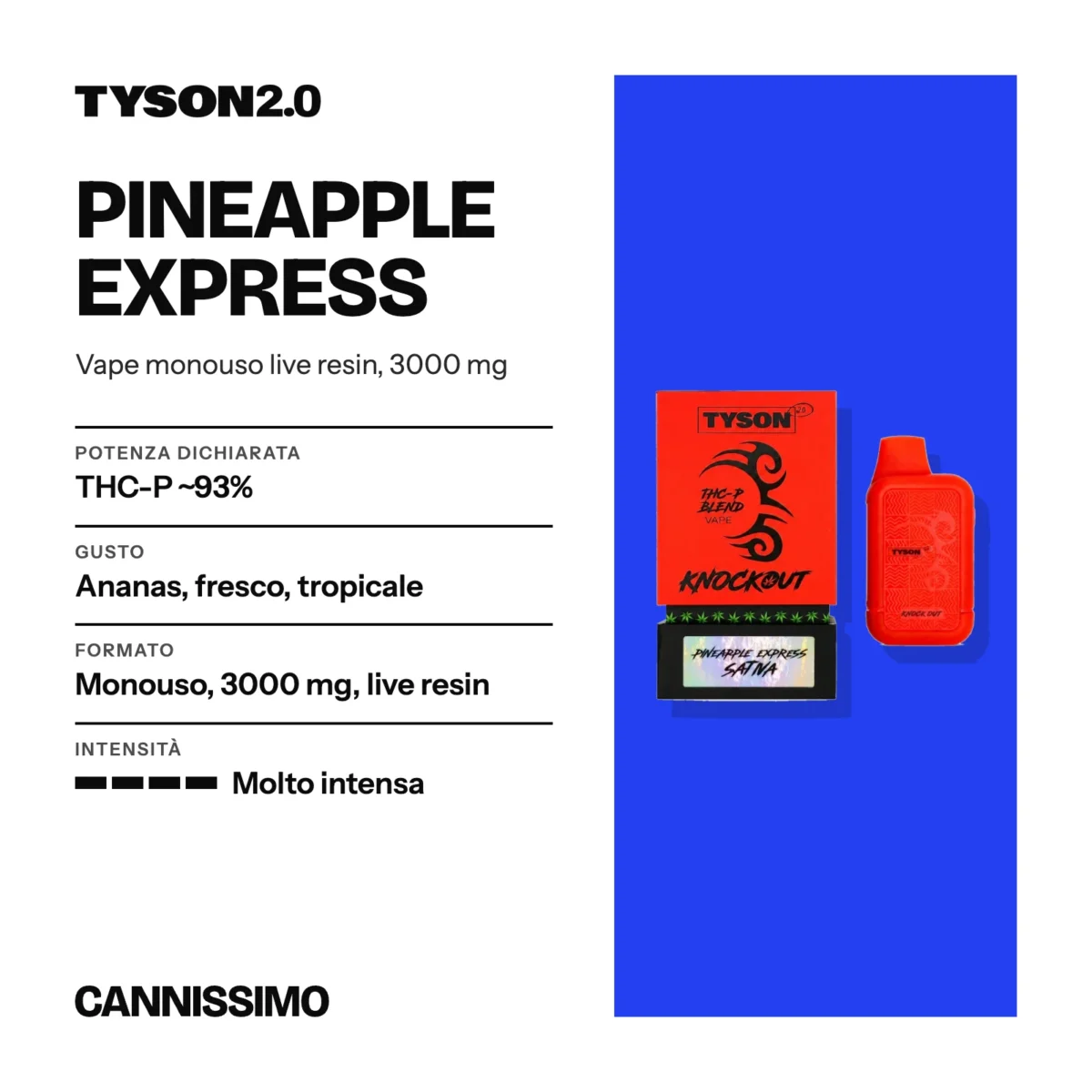Scheda di Pineapple Express, Tyson. Potenza dichiarata THC-P ~93%; gusto ananas, fresco, tropicale; formato monouso, 3000 mg, live resin; intensità molto intensa.