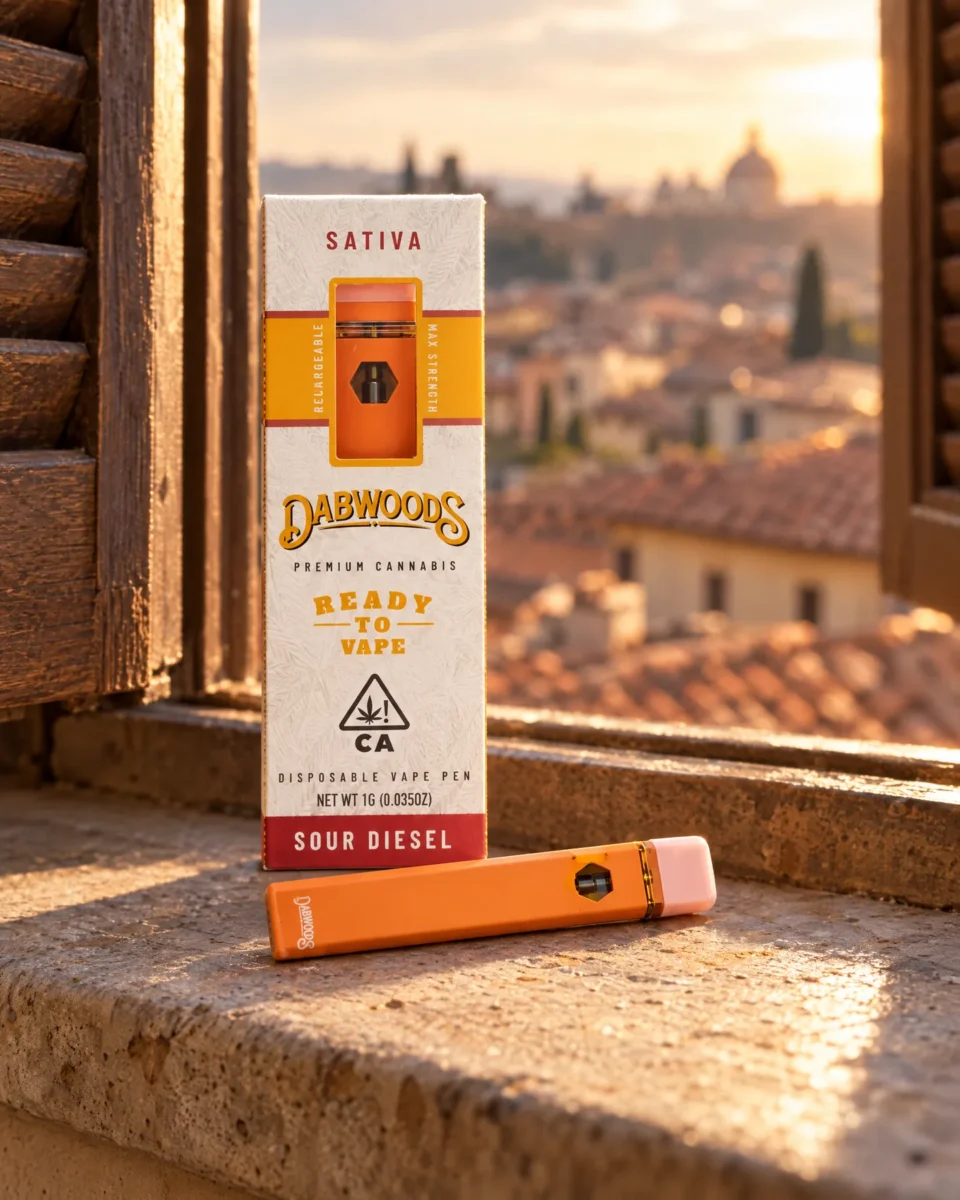 Sour Diesel di Dabwoods, confezione e dispositivo su un davanzale in pietra
