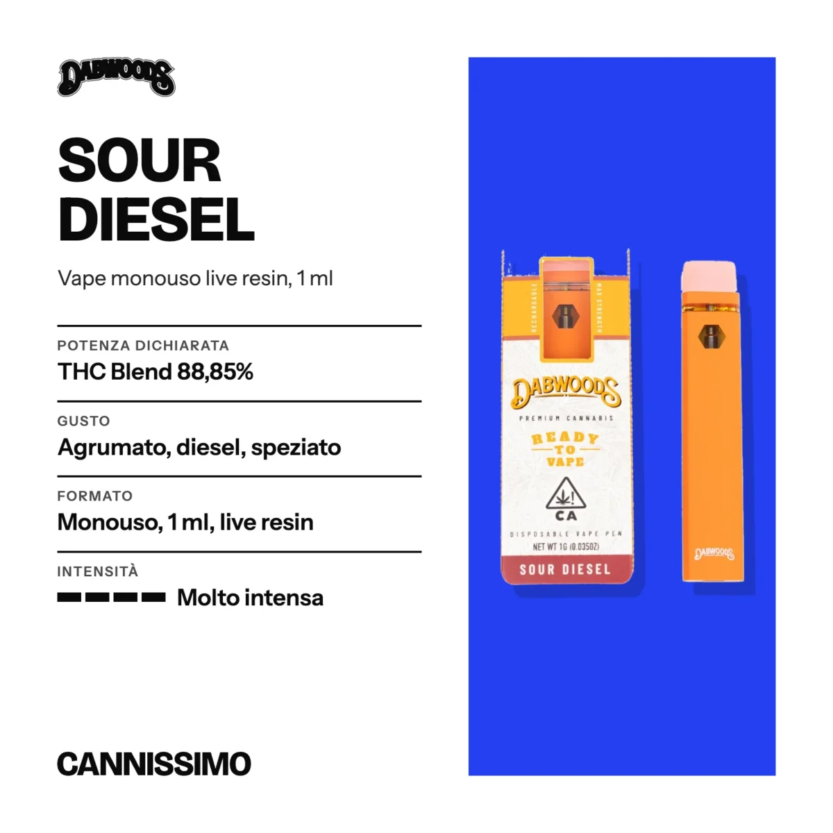 Scheda di Sour Diesel, Dabwoods. Potenza dichiarata THC Blend 88,85%; gusto agrumato, diesel, speziato; formato monouso, 1 ml, live resin; intensità molto intensa.