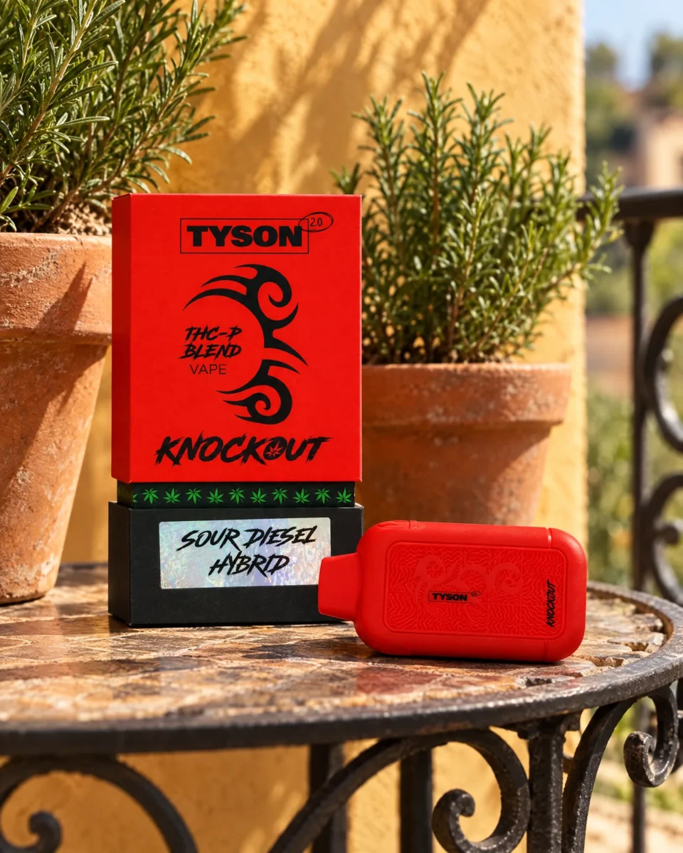 Sour Diesel di Tyson, confezione e dispositivo su un tavolino da balcone