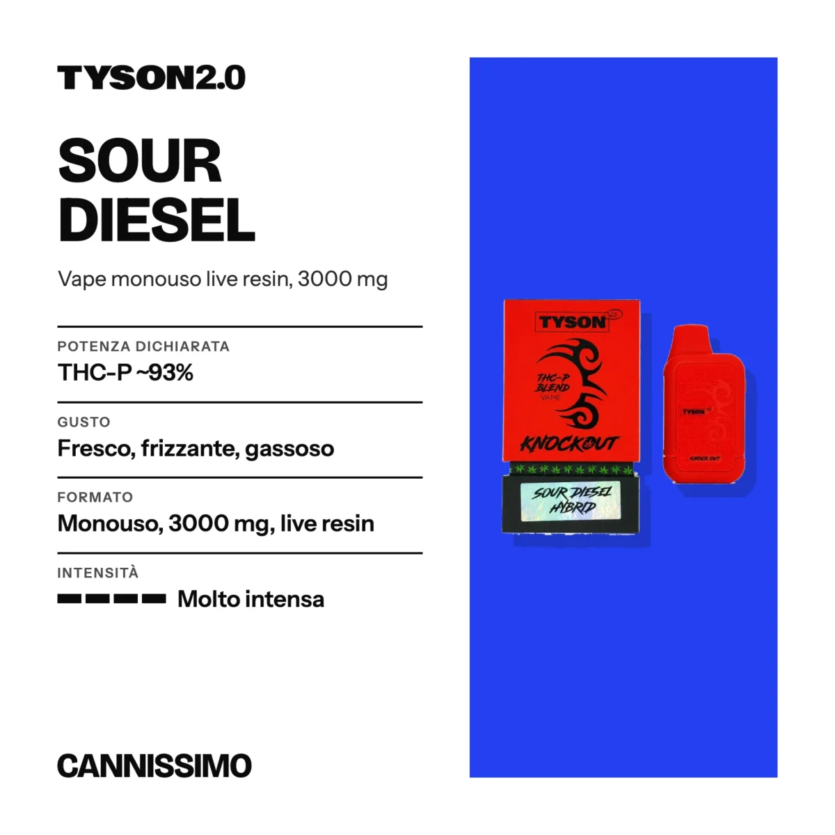 Scheda di Sour Diesel, Tyson. Potenza dichiarata THC-P ~93%; gusto fresco, frizzante, gassoso; formato monouso, 3000 mg, live resin; intensità molto intensa.