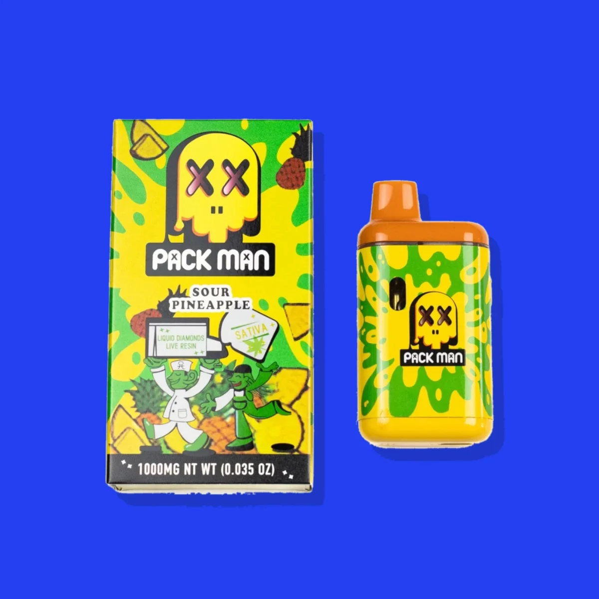 Sour Pineapple di Pack Man, la confezione su fondo blu