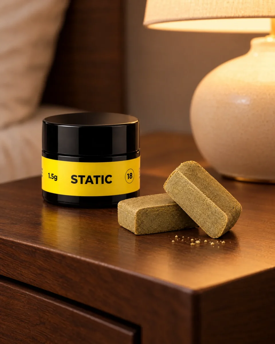 Static Hash, barattolo PUFFLOVE con l'hash su un comodino in noce
