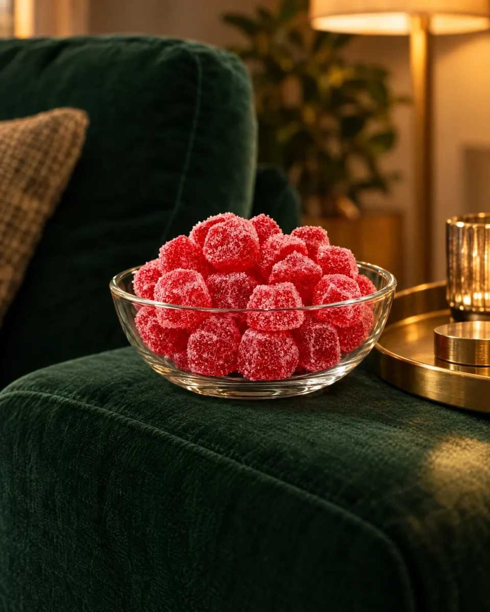 Caramelle gommose Strawberry sul bracciolo di un divano in velluto