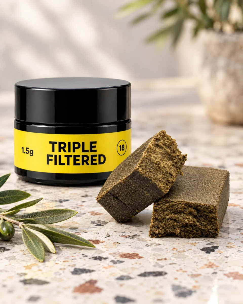 Triple Filtered Dry Hash, barattolo PUFFLOVE con l'hash su un tavolo in graniglia