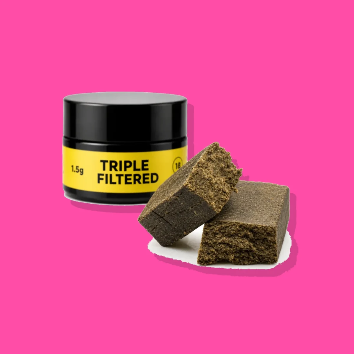 Triple Filtered Dry Hash di PUFFLOVE, la confezione su fondo fucsia