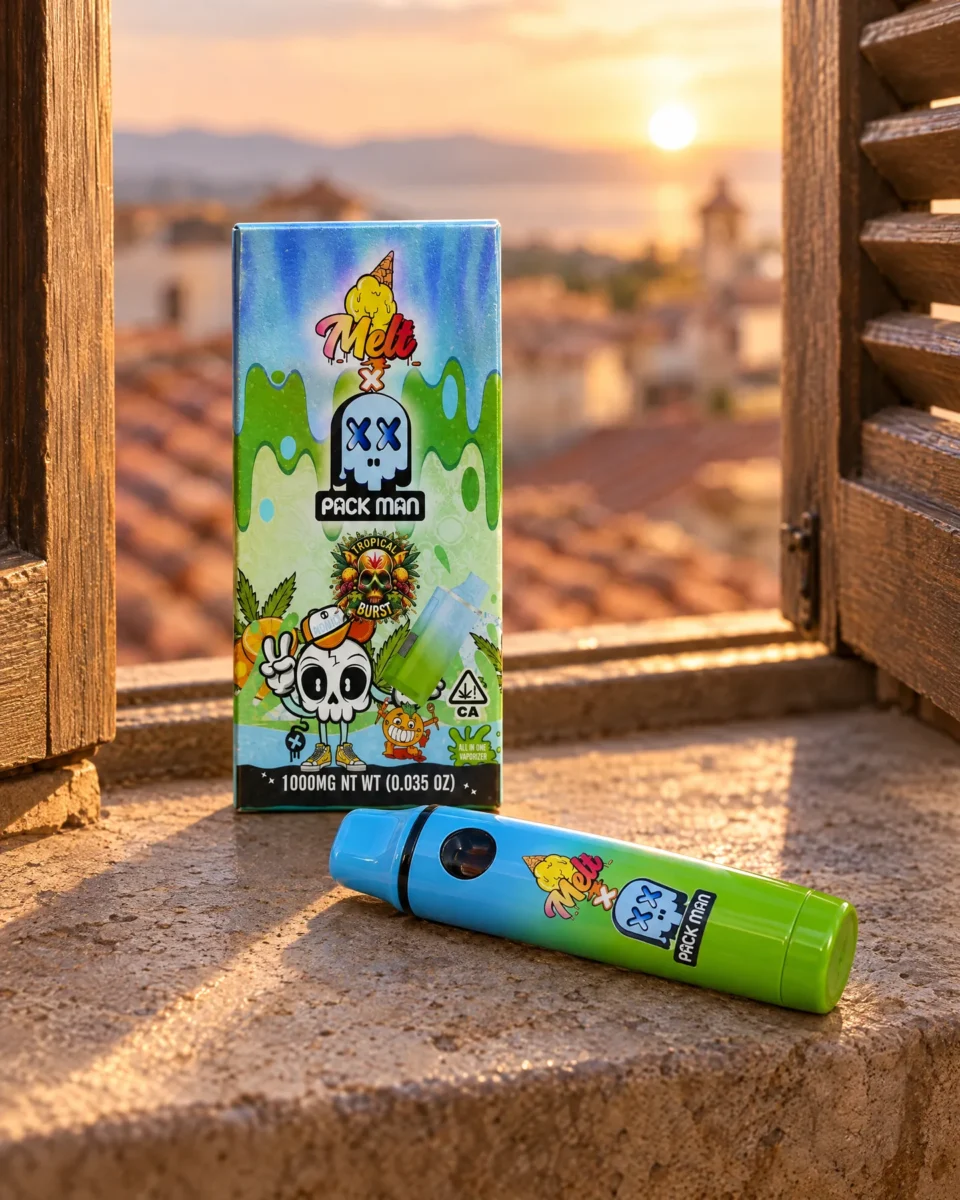 Tropical Burst di Pack Man, confezione e dispositivo su un davanzale in pietra